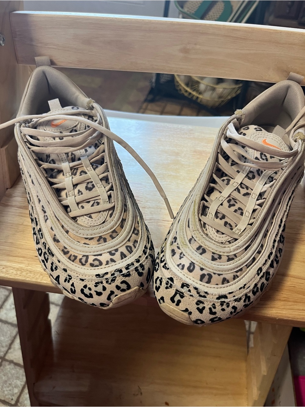 Nike Women's Athletic Shoes Beige Leopard Print with Orange Swoosh